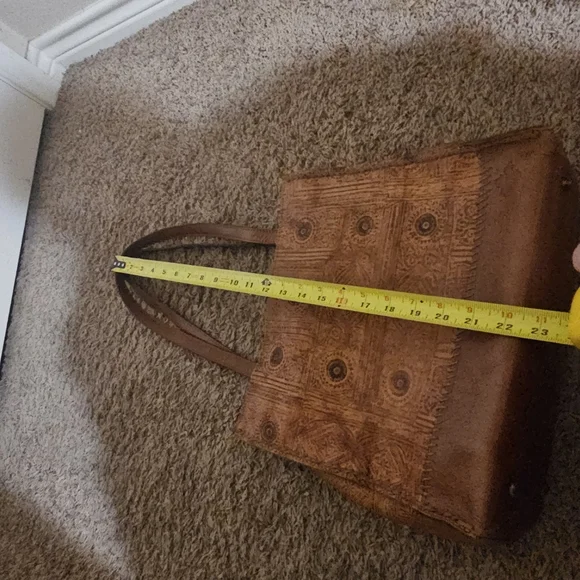 Patricia Nash Brown and Tan Stitched Ouine and Squares with Circles in them - Picture 11 of 15